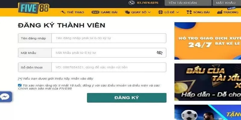 Giao diện web đăng ký